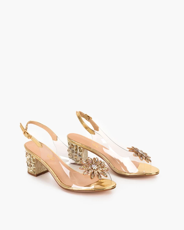 Złote sandały damskie żelowe z kamieniami na słupku 2