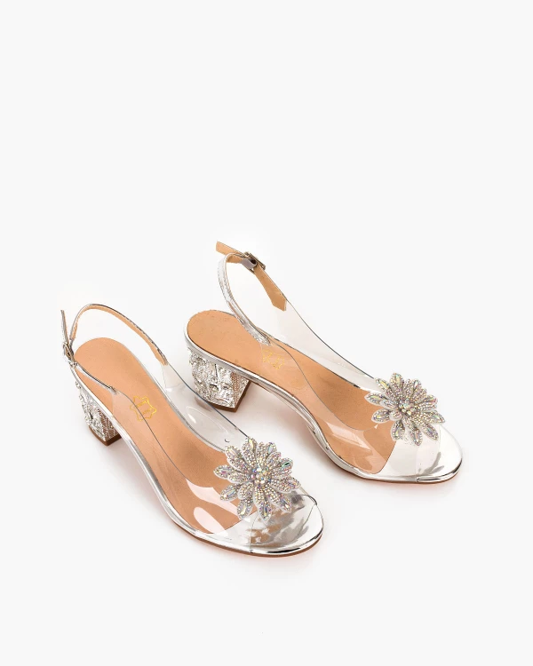 Srebrne sandały damskie żelowe z kamieniami na słupku