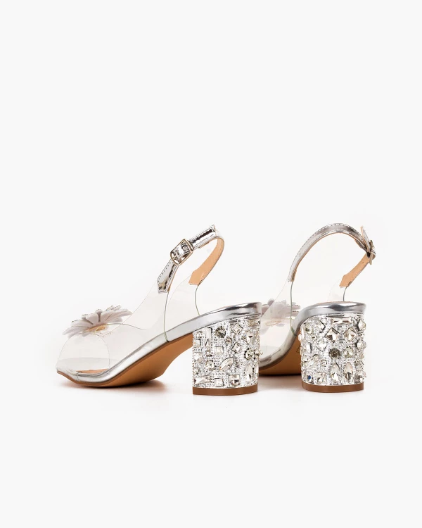 Srebrne sandały damskie żelowe z kamieniami na słupku 4