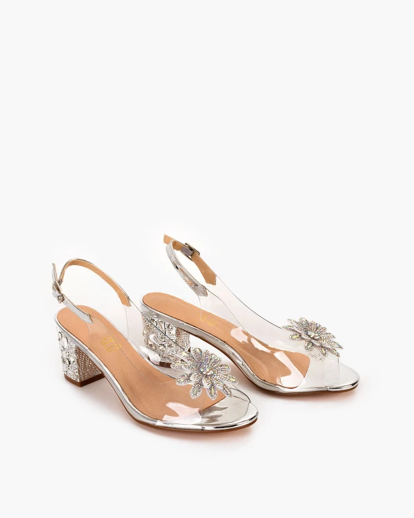 Srebrne sandały damskie żelowe z kamieniami na słupku 2