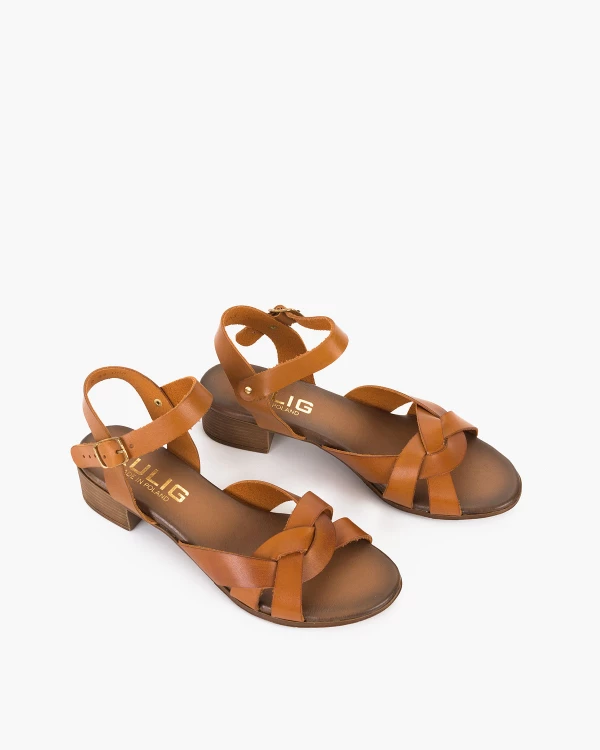 Brązowe sandały damskie ze skóry licowej na klocku