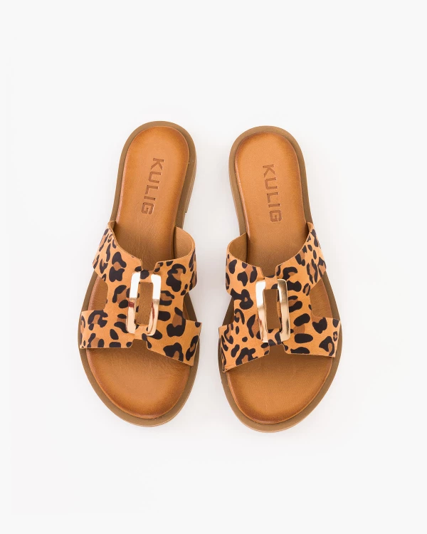 Brązowe klapki damskie ze skóry naturalnej z motywem 3