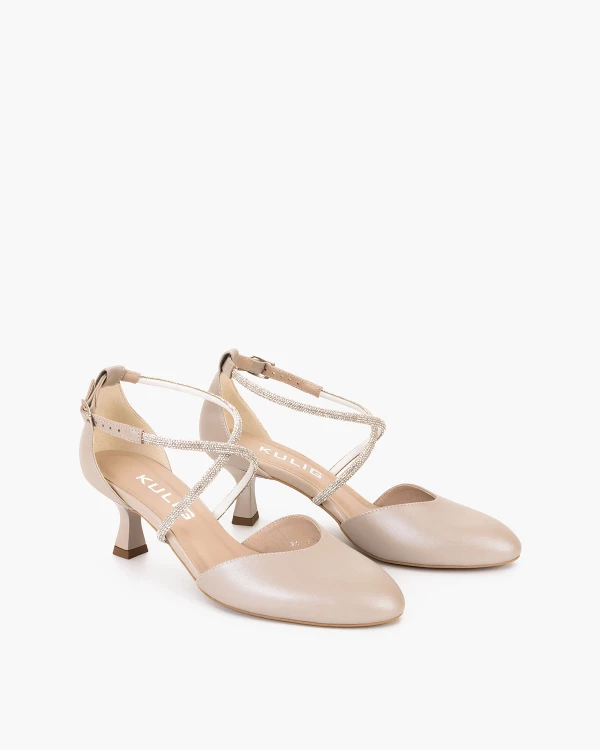 Perłowe czółenka ze skóry licowej na szpilce z cyrkoniami 3