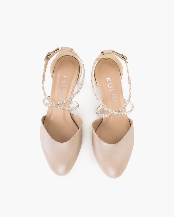 Perłowe czółenka ze skóry licowej na szpilce z cyrkoniami 4