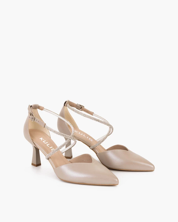 Perłowe czółenka skórzane na szpilce z cyrkoniami 3