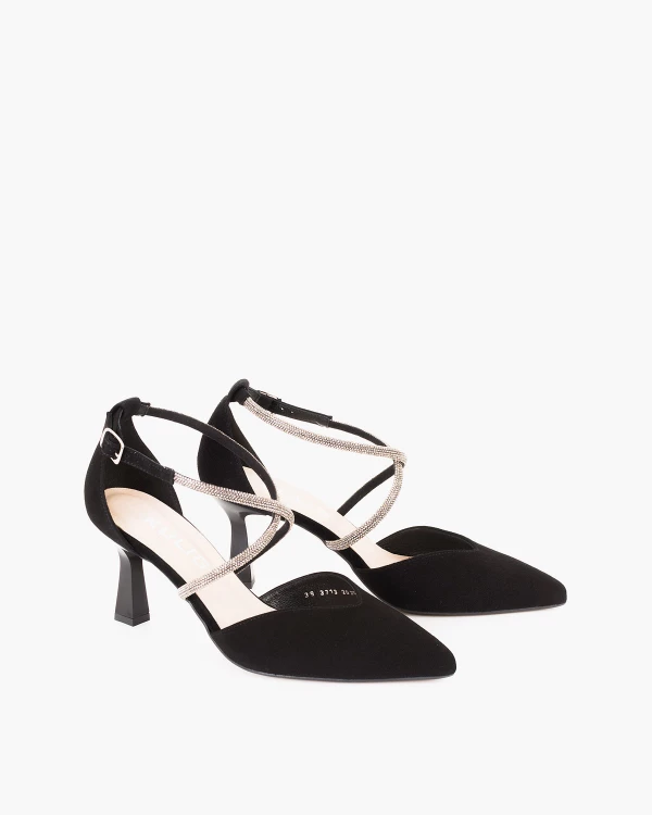 Czarne czółenka ze skóry zamszowej na szpilce z cyrkoniami 2