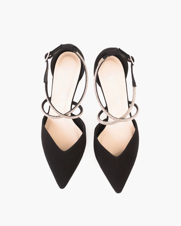 Czarne czółenka ze skóry zamszowej na szpilce z cyrkoniami 3