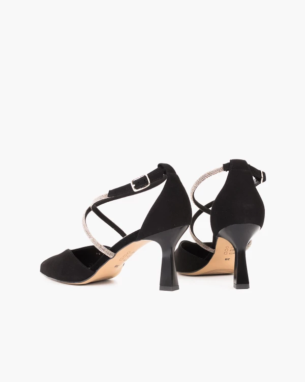 Czarne czółenka ze skóry zamszowej na szpilce z cyrkoniami 4