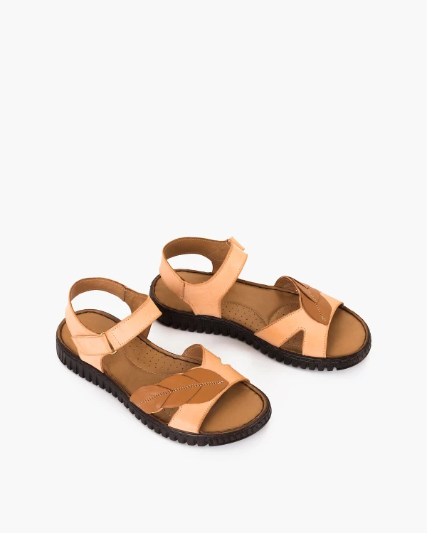 Beżowo-brązowe sandały damskie ze skóry naturalnej na rzep