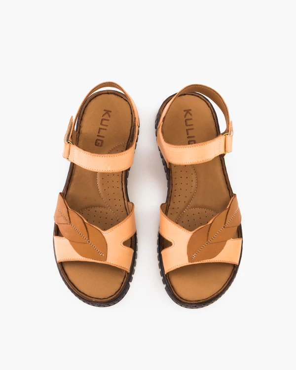 Beżowo-brązowe sandały damskie ze skóry naturalnej na rzep 3