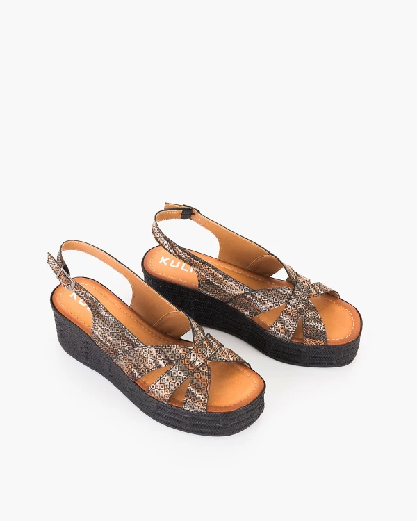 Brązowo-czarne sandały damskie skórzane na koturnie