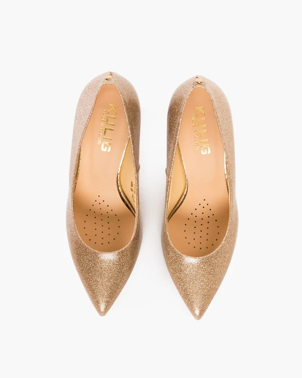 Złote czółenka damskie ze skóry naturalnej na szpilce z brokatem 3