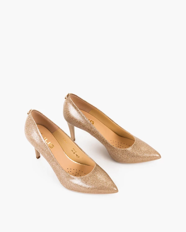 Złote czółenka damskie ze skóry naturalnej na szpilce z brokatem 5