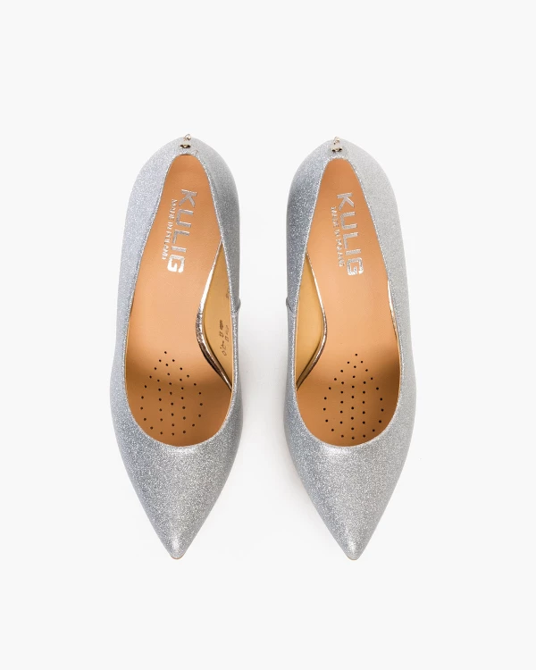 Srebrne czółenka damskie ze skóry naturalnej na szpilce z brokatem 3