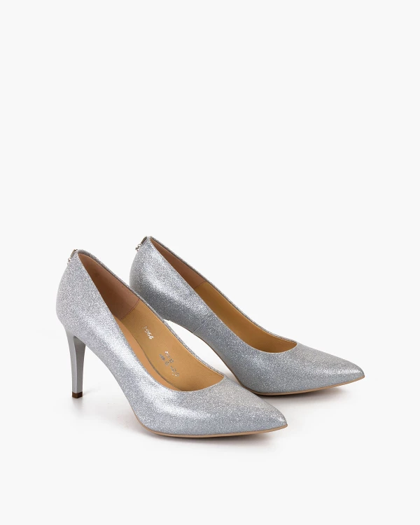 Srebrne czółenka damskie ze skóry naturalnej na szpilce z brokatem 2