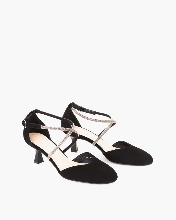 Czarne czółenka damskie zamszowe z cyrkoniami na szpilce 2