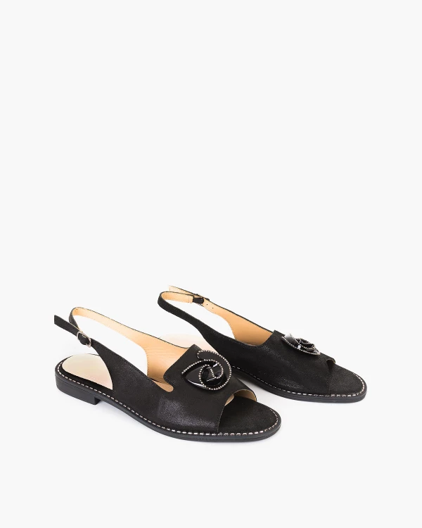 Czarne sandały damskie nubukowe z różyczką 2