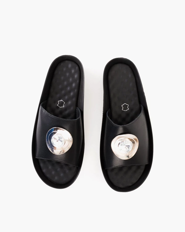 Czarne klapki damskie skórzane na koturnie z kółkiem 3