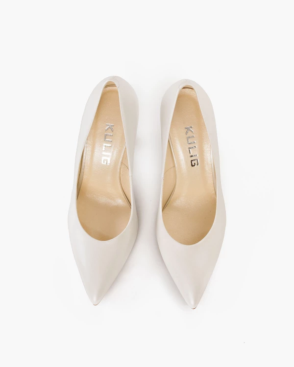 Perłowe czółenka damskie ze skóry naturalnej na szpilce 4