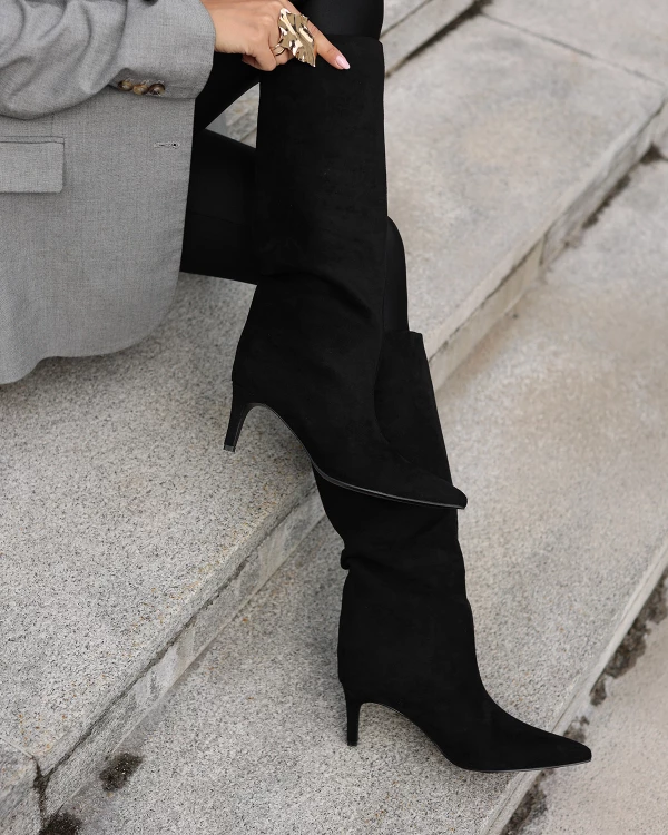 Czarne kozaki damskie z eko-zamszu na szpilce 4