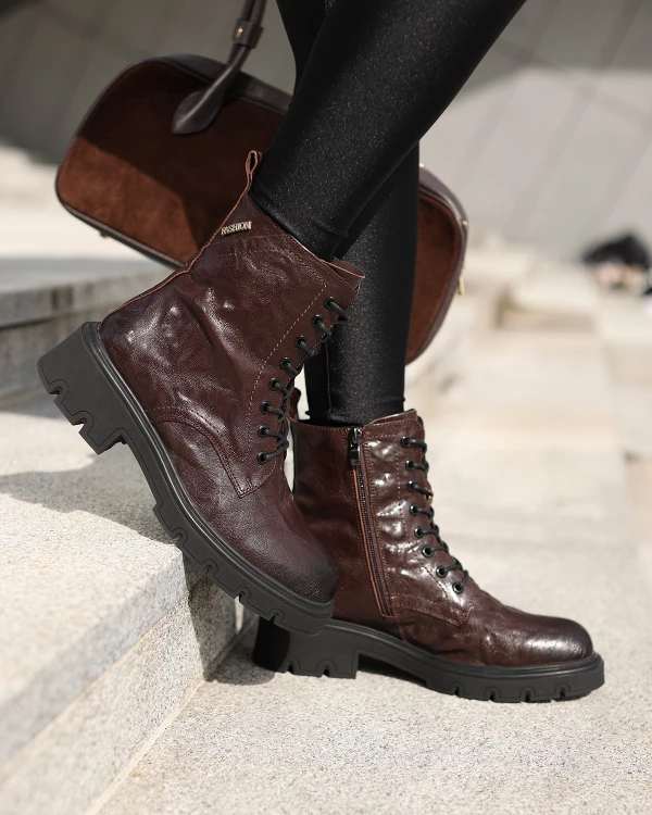 Brązowe trzewiki damskie z naturalnej skóry licowej