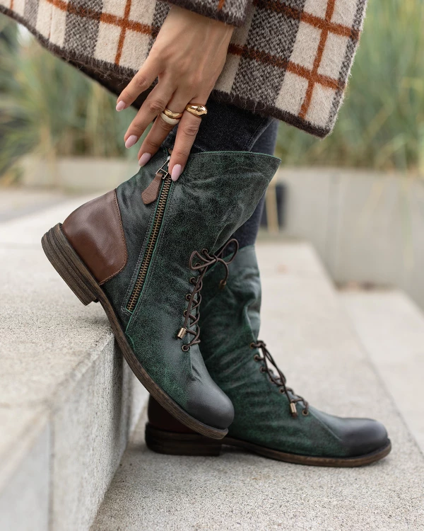 Ciemnozielone trzewiki damskie ze skóry naturalnej 3