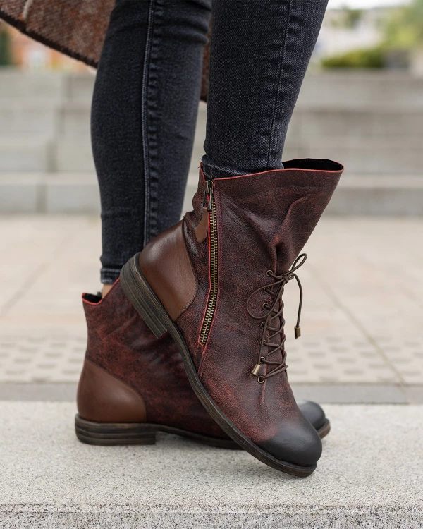 Bordowe trzewiki damskie ze skóry naturalnej z zamkiem