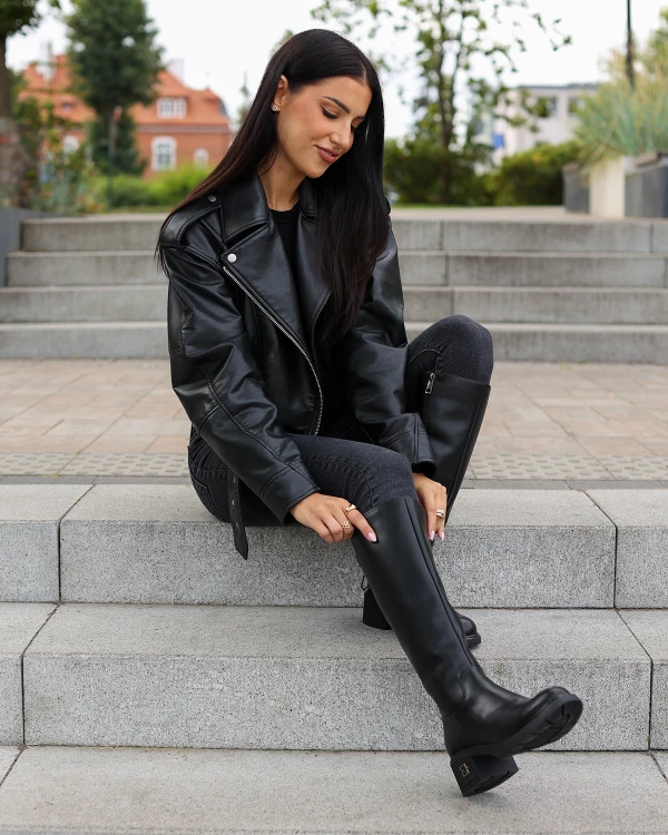 Czarne kozaki damskie ze skóry licowej na klocku 2