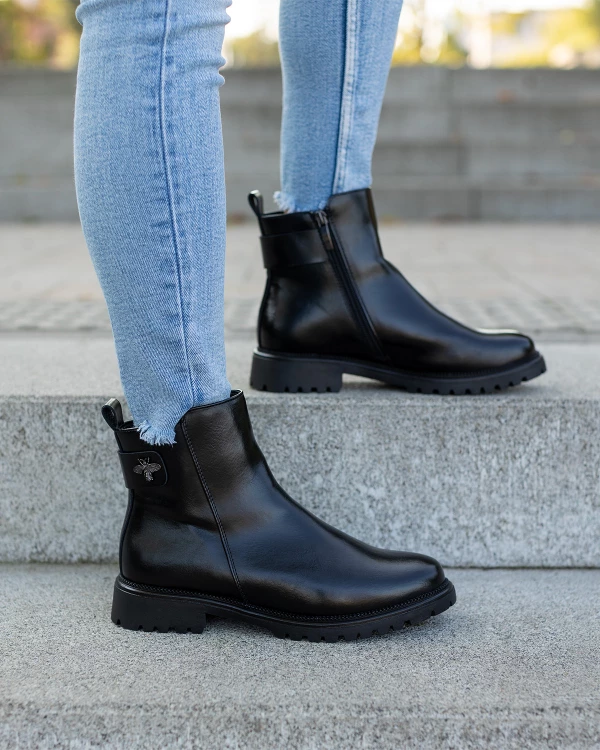 Czarne botki ze skóry ekologicznej na niskim obcasie 3
