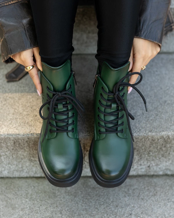 Zielone trzewiki damskie ze skóry licowej na klocku
