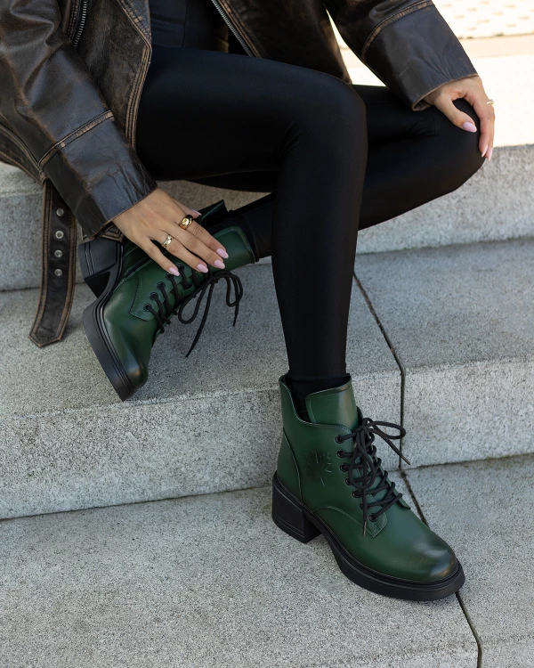 Zielone trzewiki damskie ze skóry licowej na klocku 3