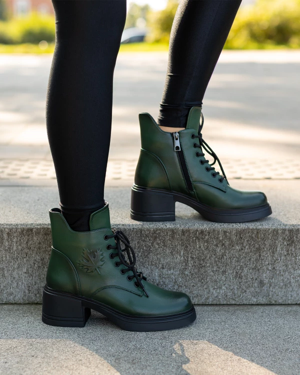 Zielone trzewiki damskie ze skóry licowej na klocku 4