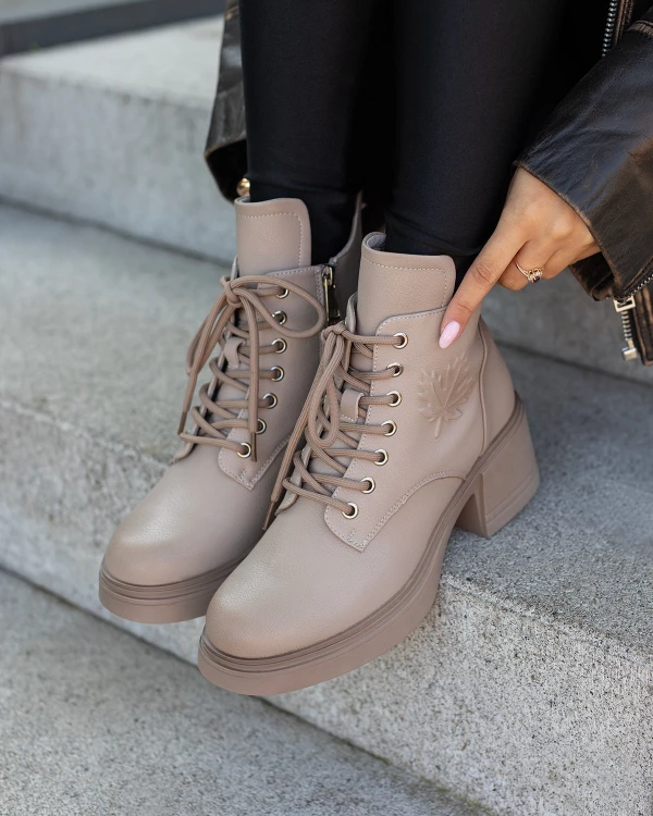 Beżowe trzewiki damskie skórzane na klocku 4