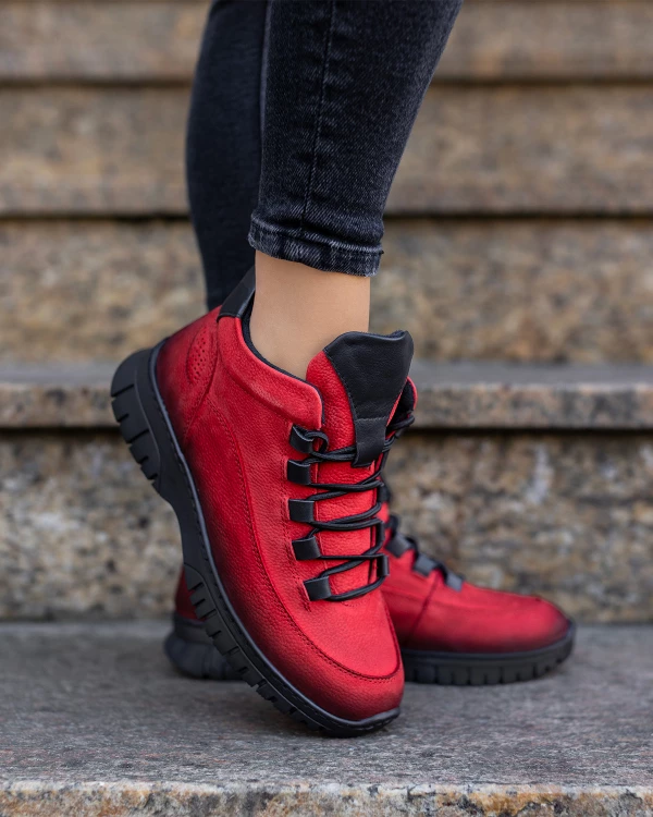 Czerwone trzewiki damskie trekkingowe ze skóry nubukowej 3