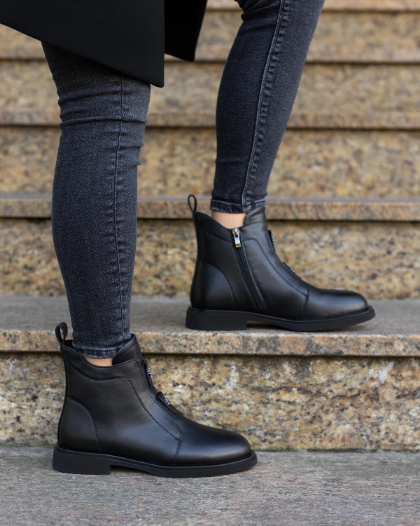Czarne botki damskie skórzane na niskim obcasie
