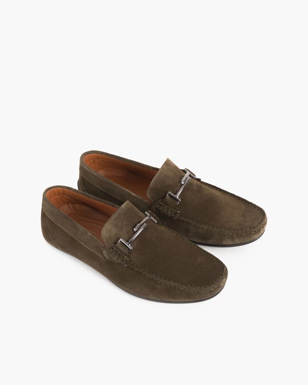 Oliwkowe mokasyny męskie nubukowe z klamrą 3