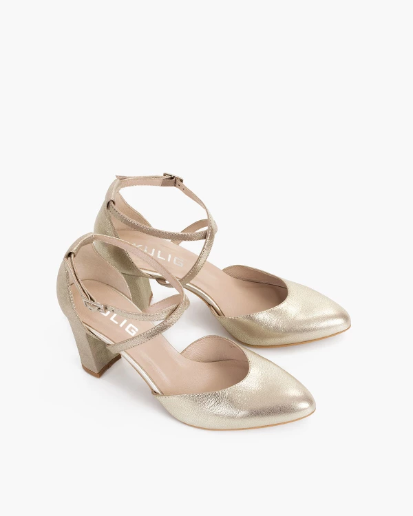 Złote czółenka skórzane na słupku 2