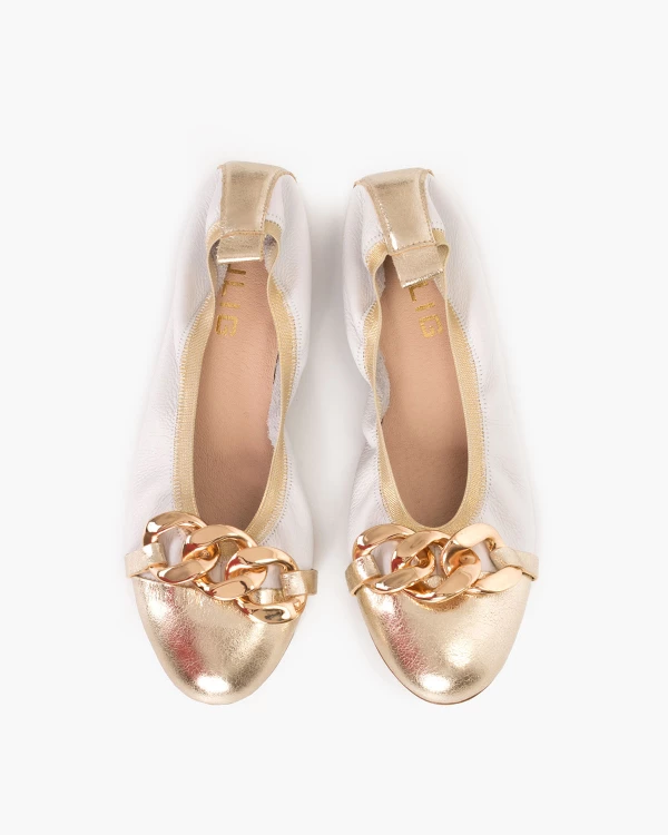 Biało-złote baleriny damskie z łańcuchem 4