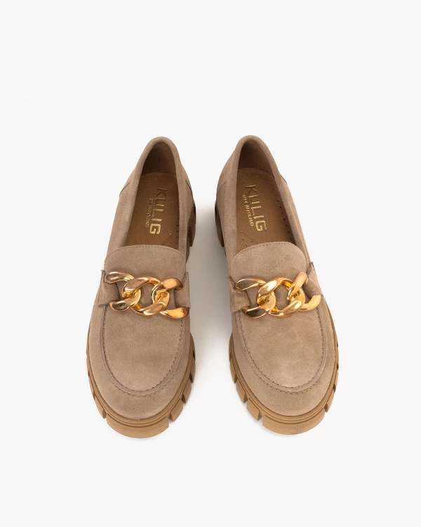 Beżowe mokasyny damskie welurowe z łańcuchem 4