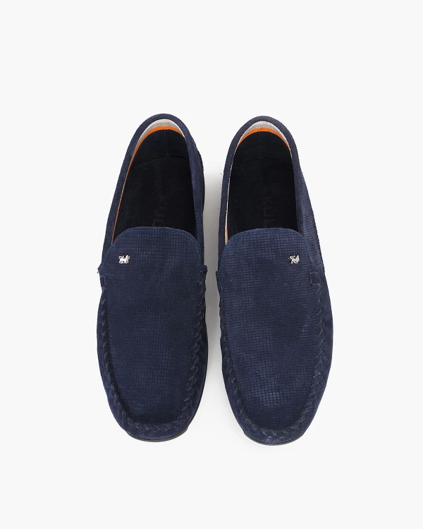 Granatowe mokasyny męskie welurowe w kratę