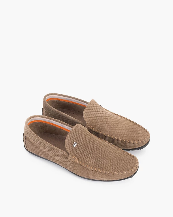 Beżowe mokasyny męskie welurowe w kratę