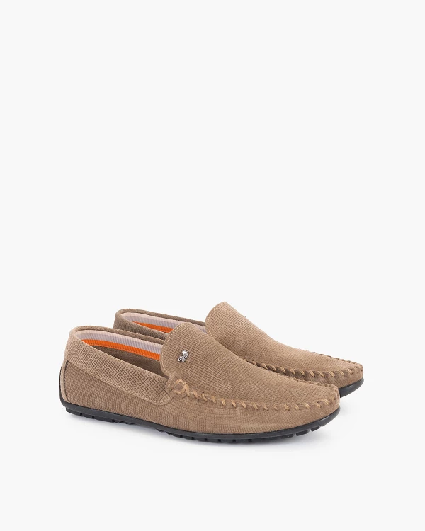 Beżowe mokasyny męskie welurowe w kratę 2