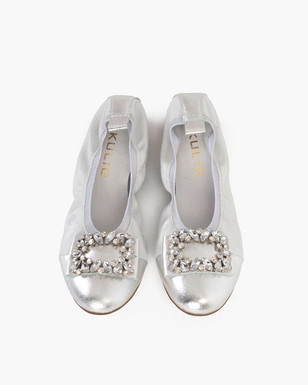 Srebrne baleriny skórzane z ozdobą 2
