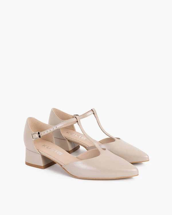 Perłowe czółenka skórzane na klocku 3