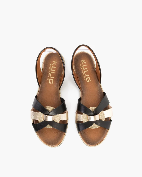 Czarno-złote sandały damskie skórzane 4