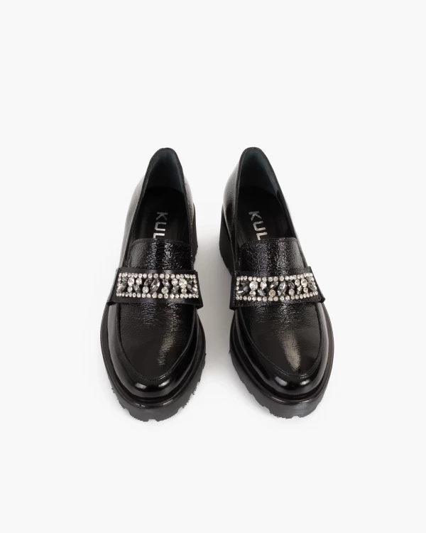 Czarne mokasyny damskie lakierowane z cyrkoniami 4