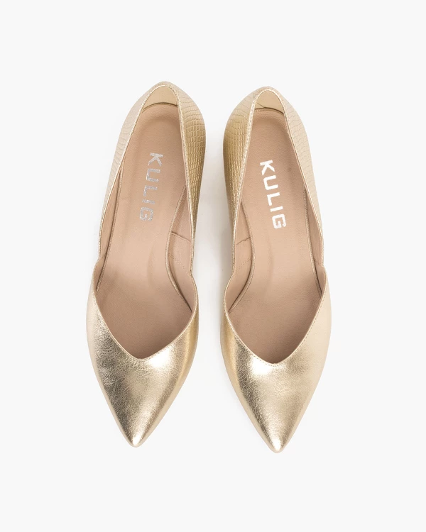 Złote czółenka skórzane z wycięciem 3