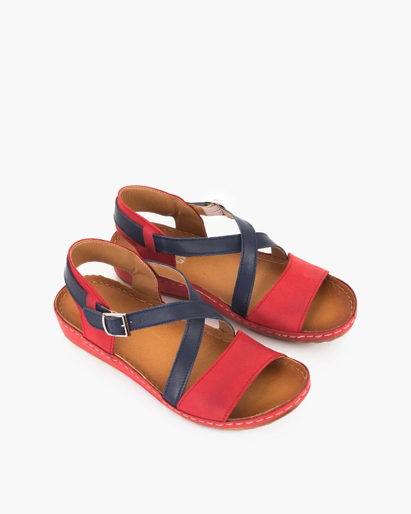 Czerwono-granatowe sandały damskie skórzane na koturnie