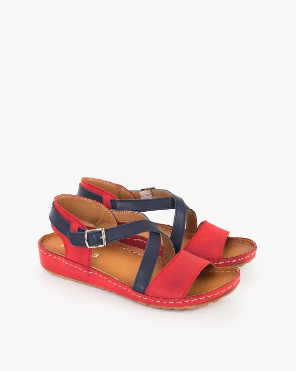 Czerwono-granatowe sandały damskie skórzane na koturnie 2