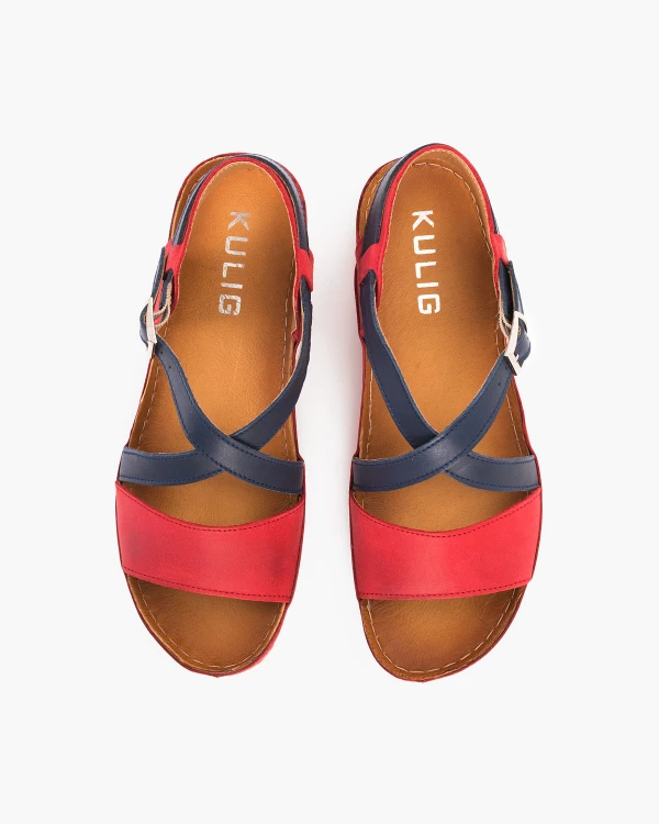 Czerwono-granatowe sandały damskie skórzane na koturnie 3